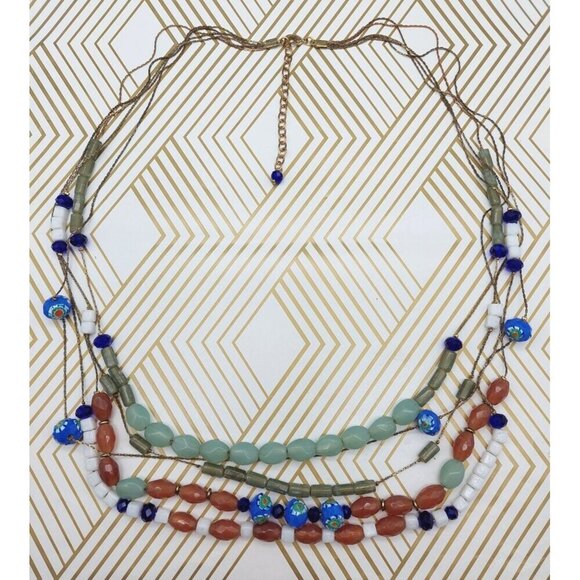 Long Multi Strand Glass Mixed Bead Necklace Dark Gold Tone Chains Colorful 28" - Picture 7 of 7